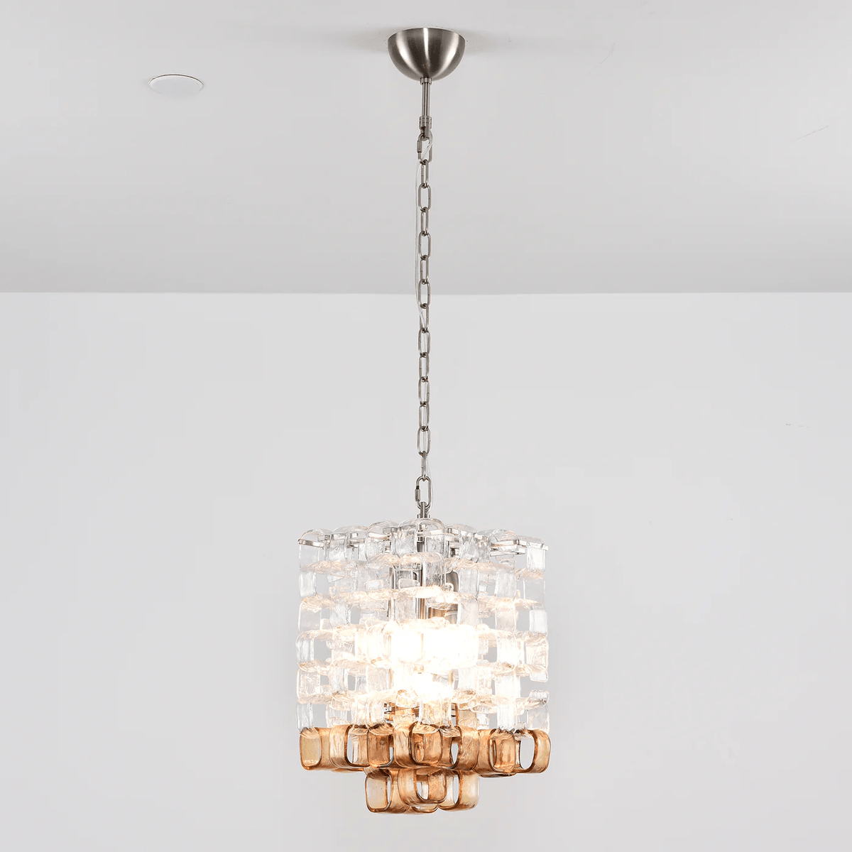 Interlocking Glass Chandelier with Amber Cups and Chrome Frame