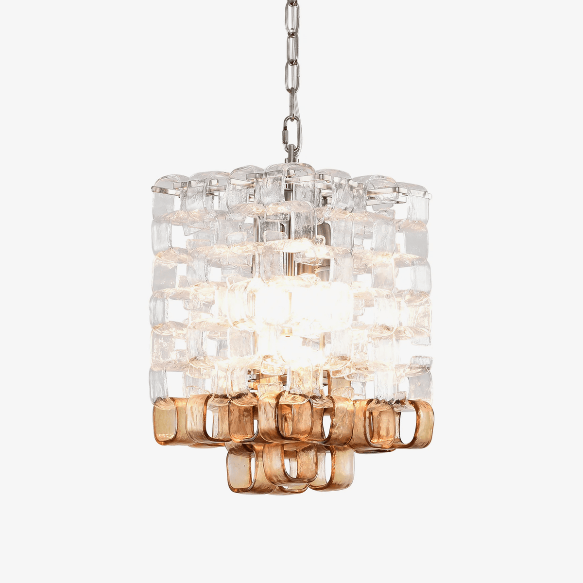 Interlocking Glass Chandelier with Amber Cups and Chrome Frame