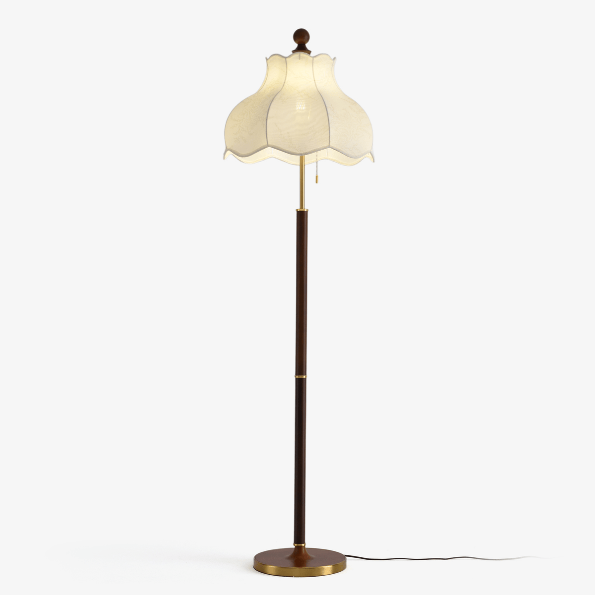 Roselle Bloom Floor Lamp – Scalloped Fabric Shade, Walnut Wood & Brass