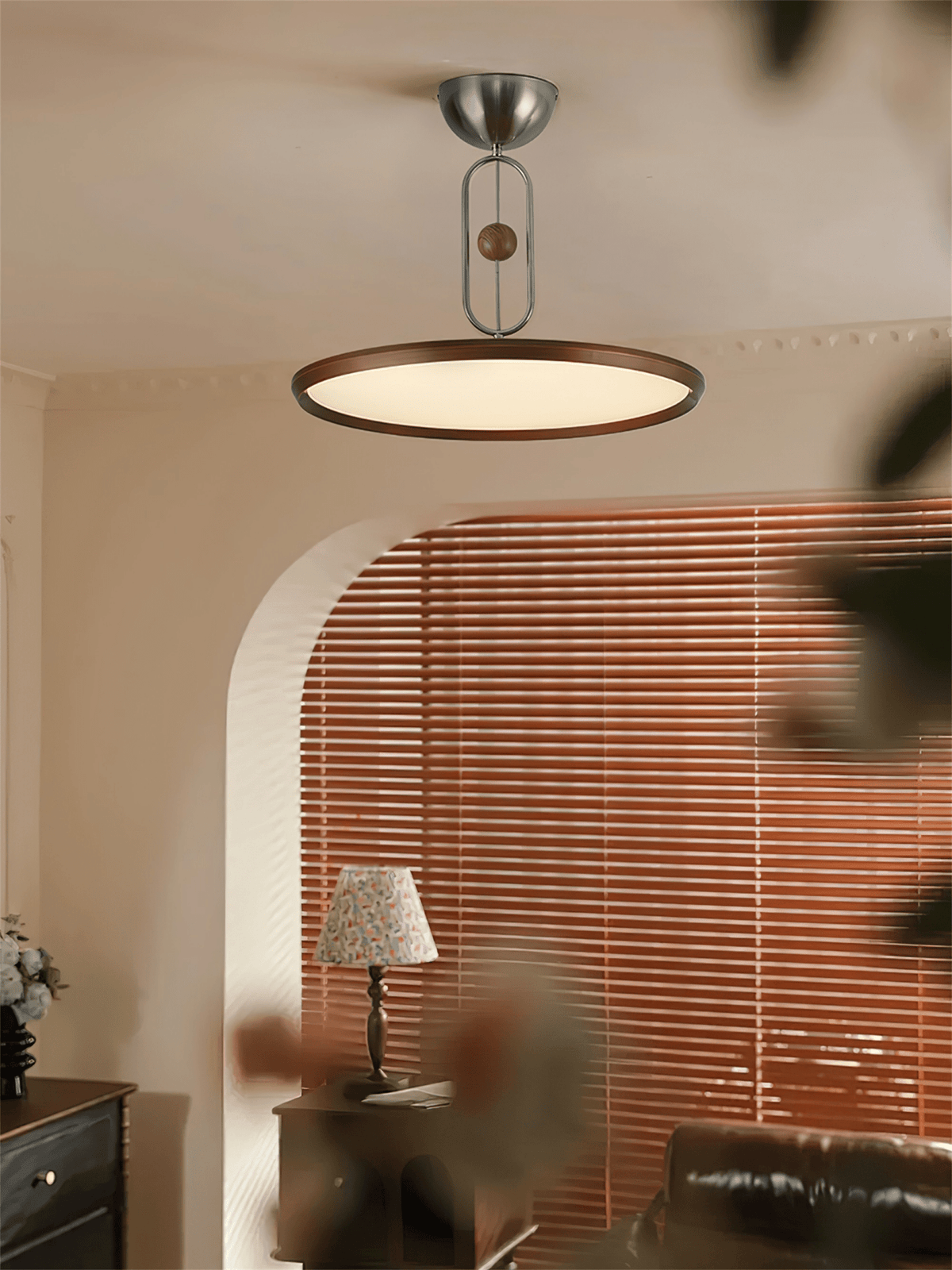 Orbito Semi Flush Ceiling Light in Walnut Wood Grain and Nickel