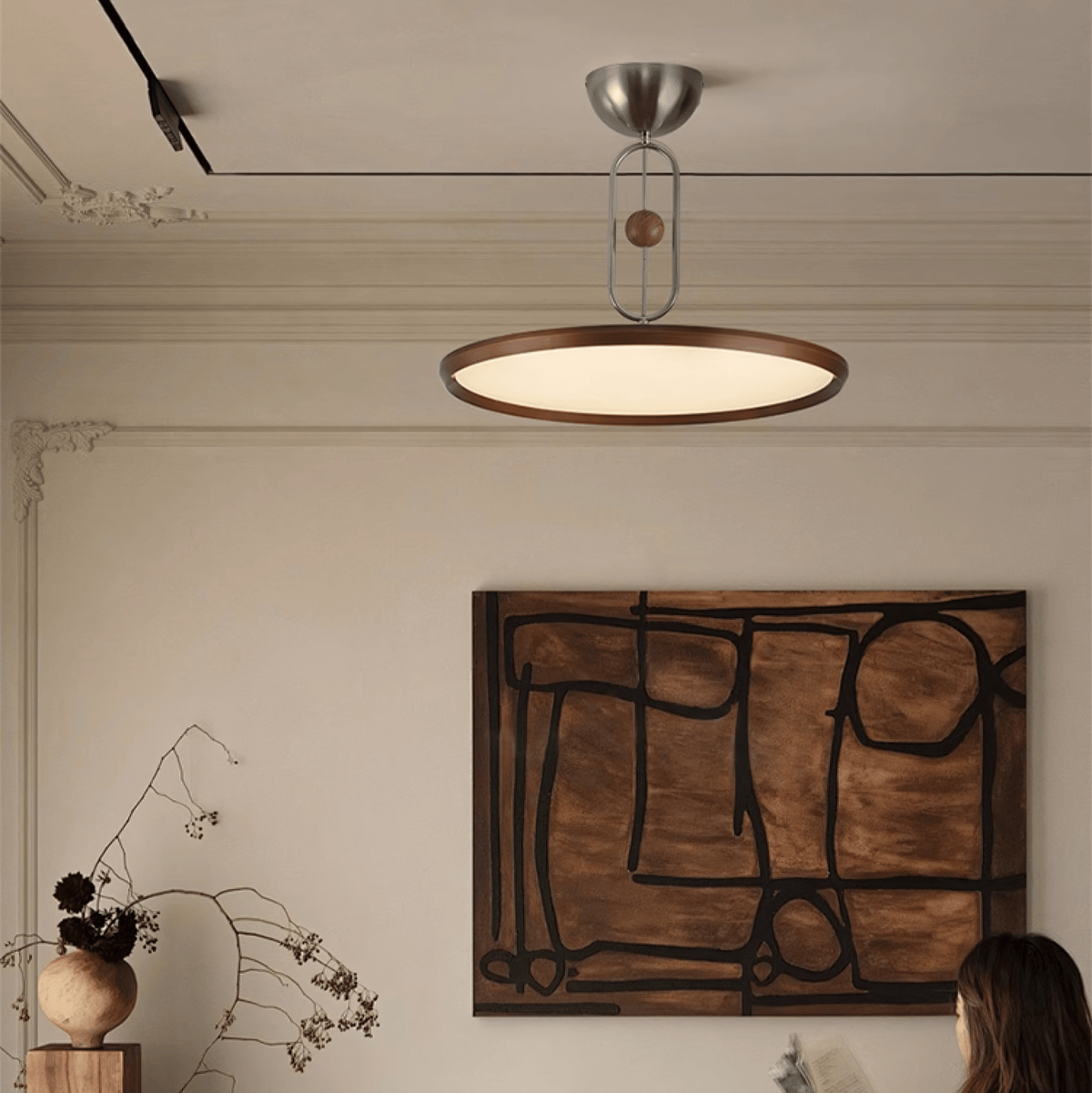 Orbito Semi Flush Ceiling Light in Walnut Wood Grain and Nickel