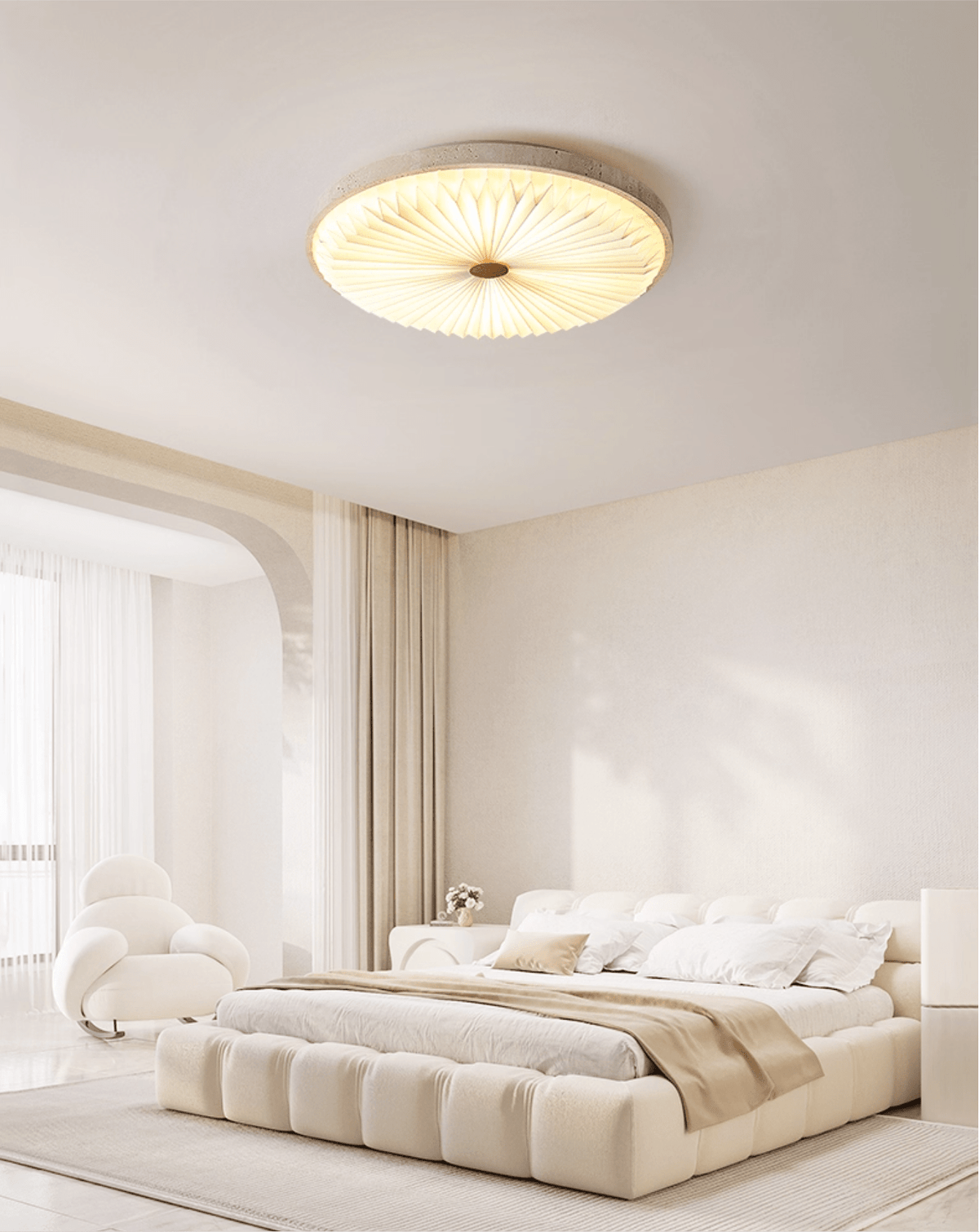 Heliora Travertine LED Flush Mount Ceiling Light, Modern Sunburst Design
