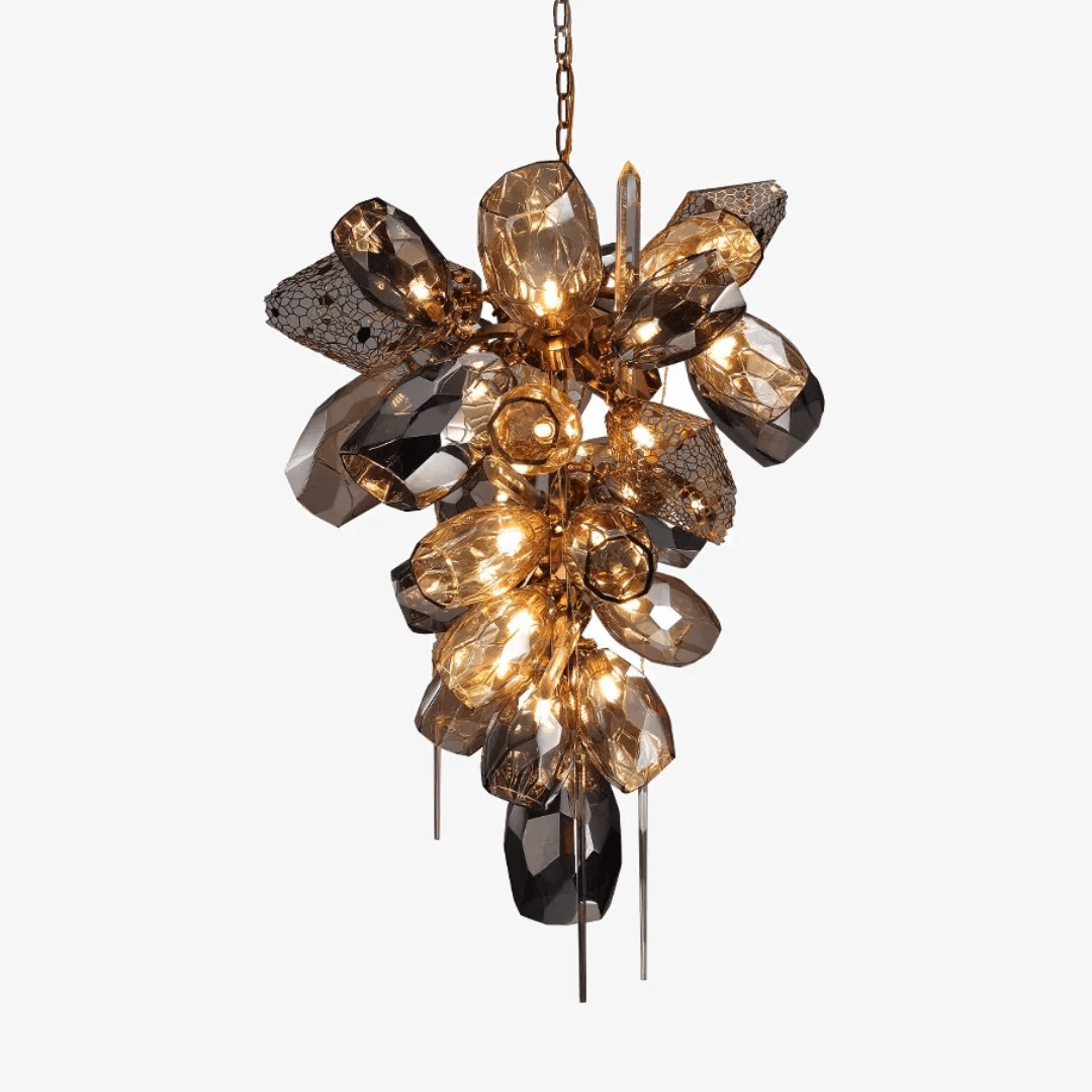 Faceted Art Glass Crystal Chandelier, 23-Light Gold Cluster for Dining & Living Spaces