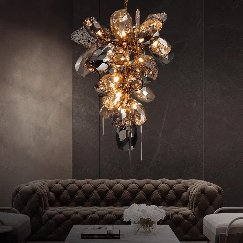 Faceted Art Glass Crystal Chandelier, 23-Light Gold Cluster for Dining & Living Spaces