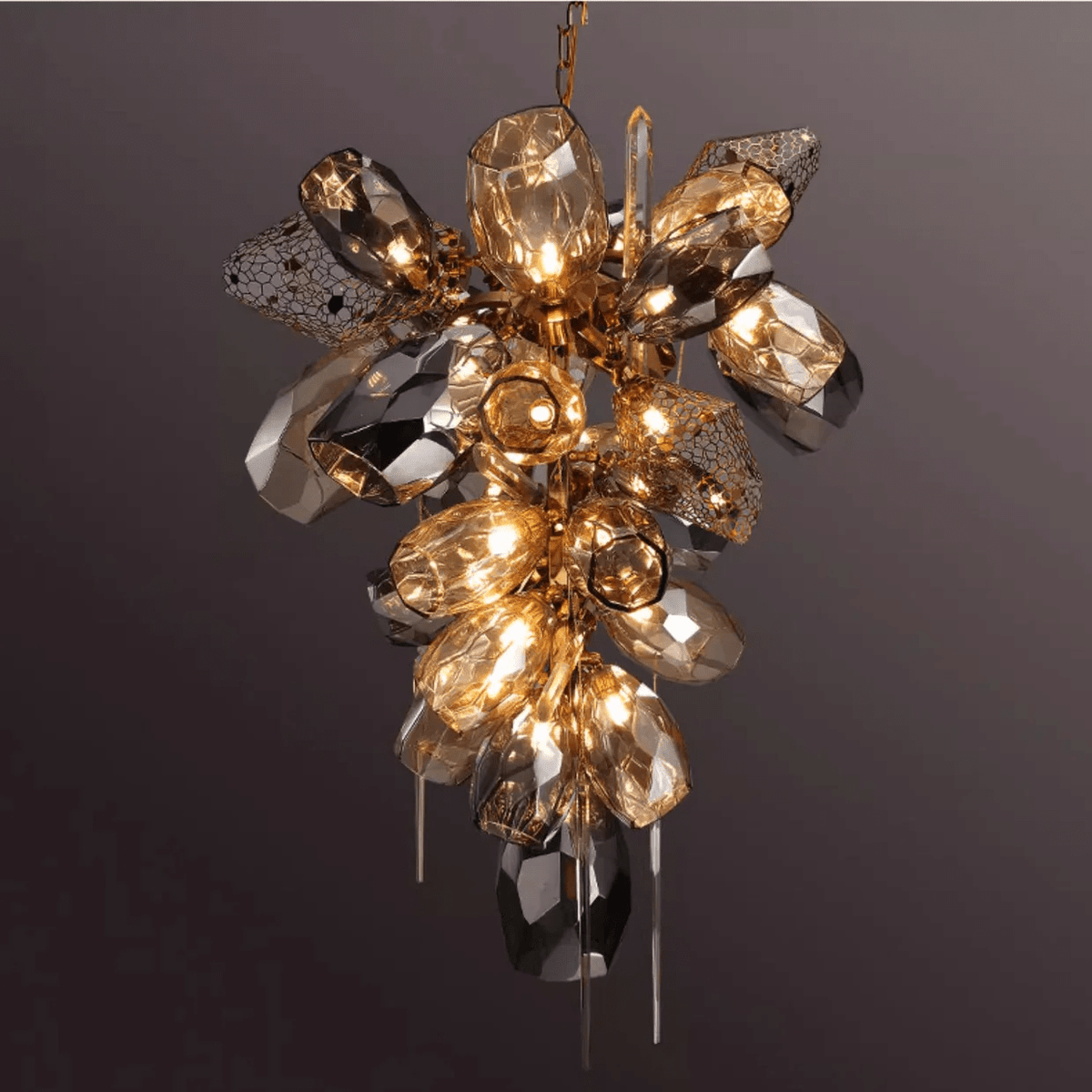 Faceted Art Glass Crystal Chandelier, 23-Light Gold Cluster for Dining & Living Spaces