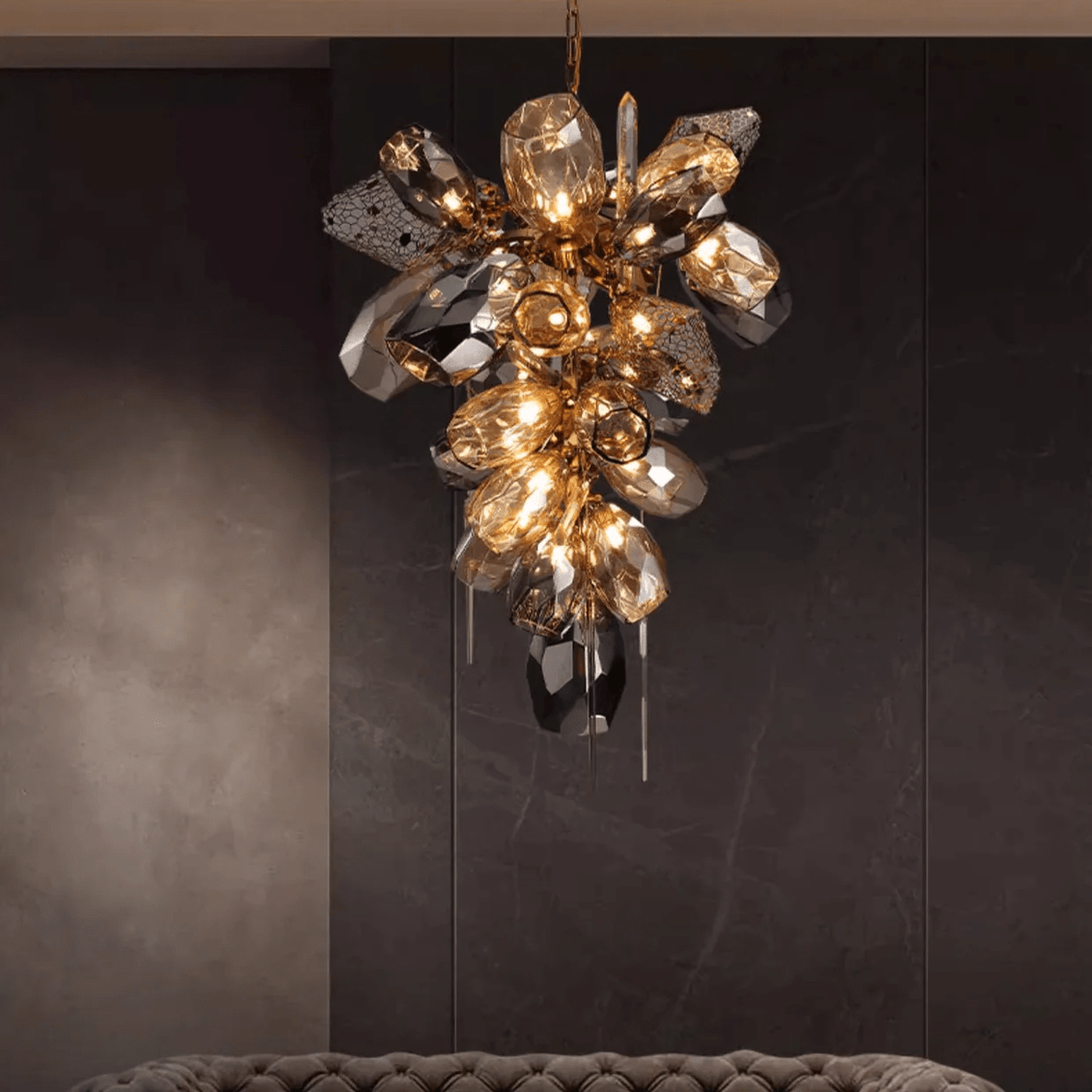 Faceted Art Glass Crystal Chandelier, 23-Light Gold Cluster for Dining & Living Spaces