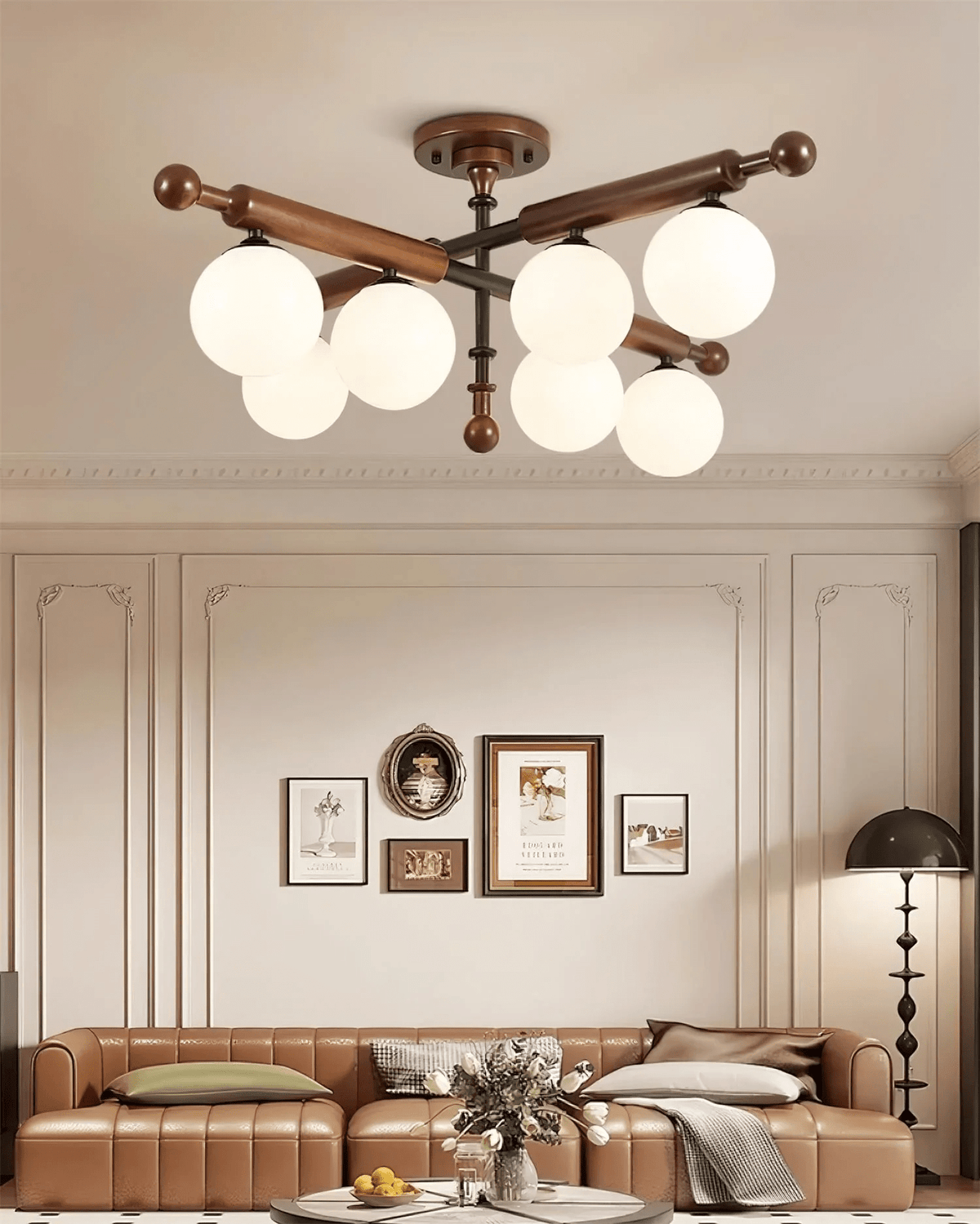 Alder Grove Flush Mount Ceiling Light in Walnut and Frosted Glass