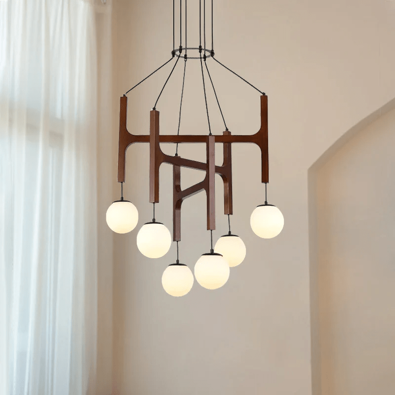 Lunna Orb Chandelier – Modern Wood and Glass Pendant Light