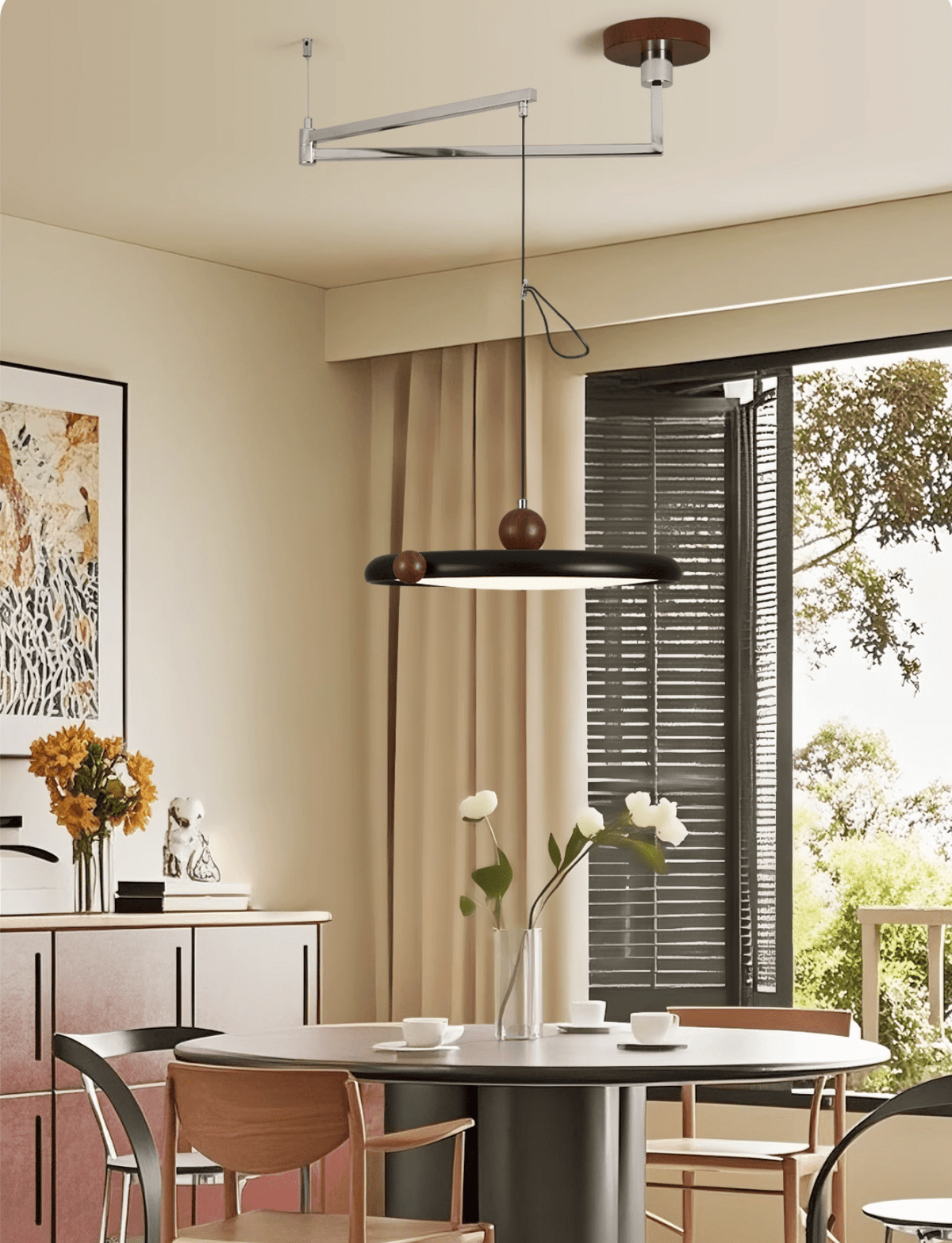 Orbit Line Swing Arm Pendant Light – Modern LED Ceiling Lamp with Wood Accents