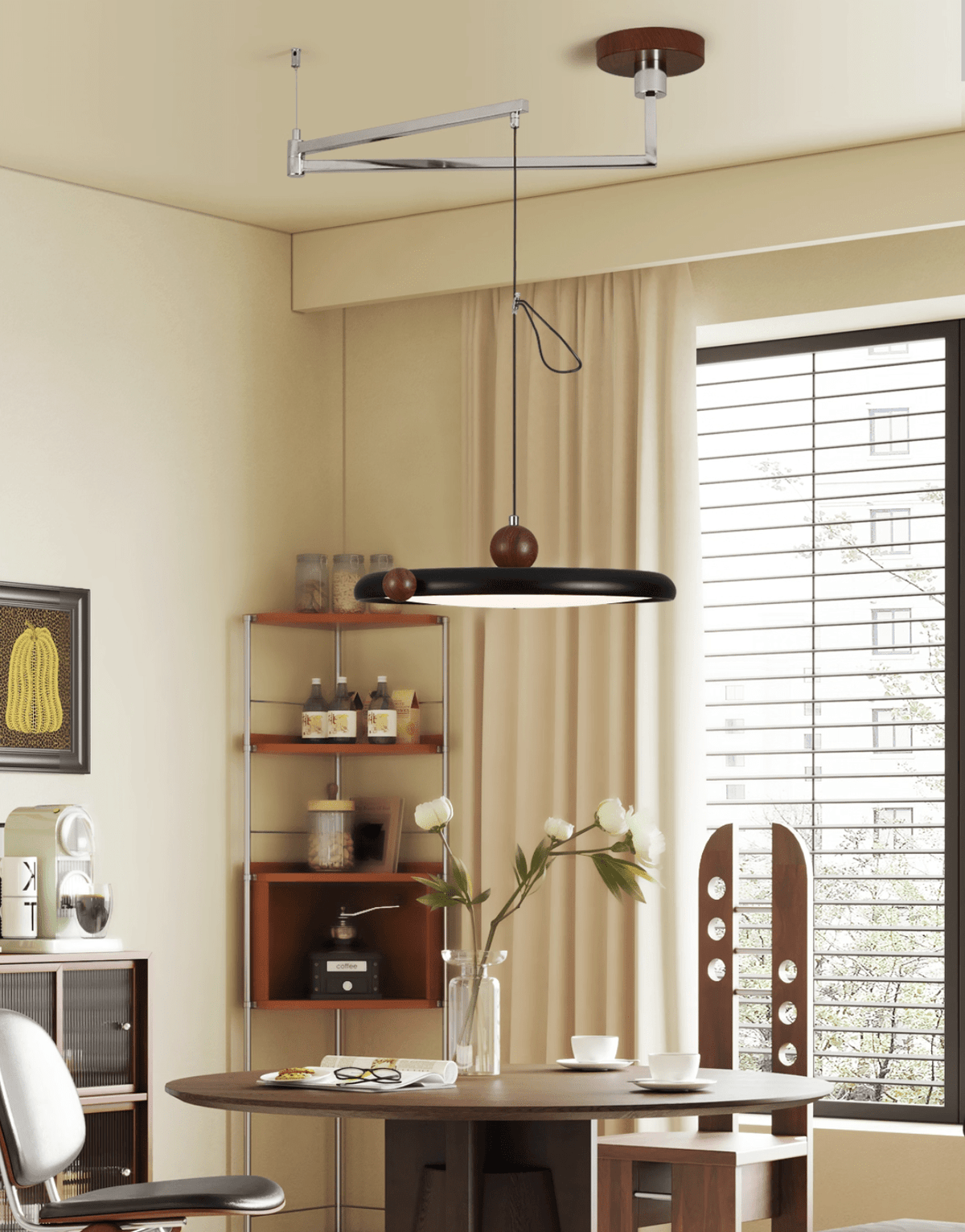 Orbit Line Swing Arm Pendant Light – Modern LED Ceiling Lamp with Wood Accents