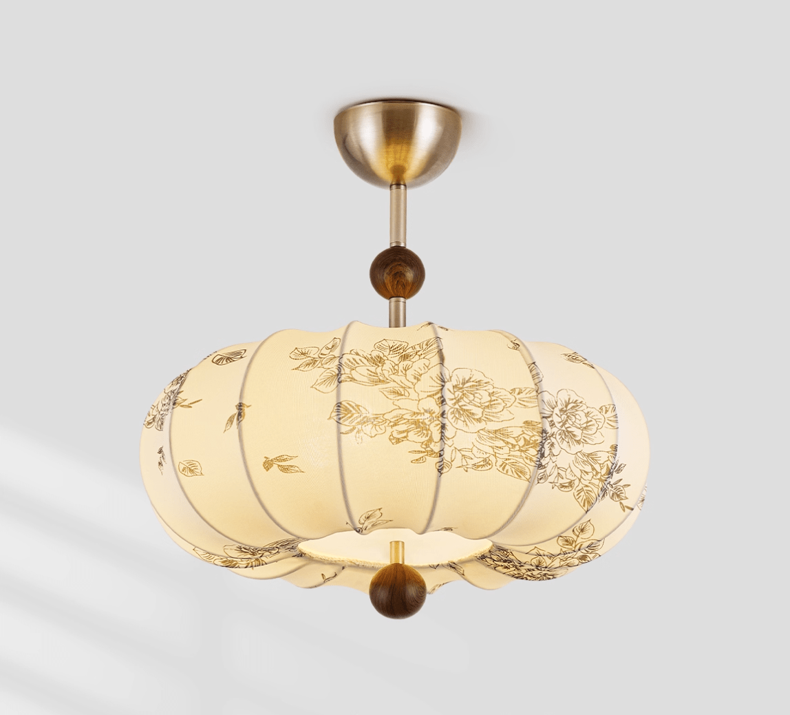 Fleur Lantern Pendant Light – Ivory Floral Shade with Walnut or Nickel Accents