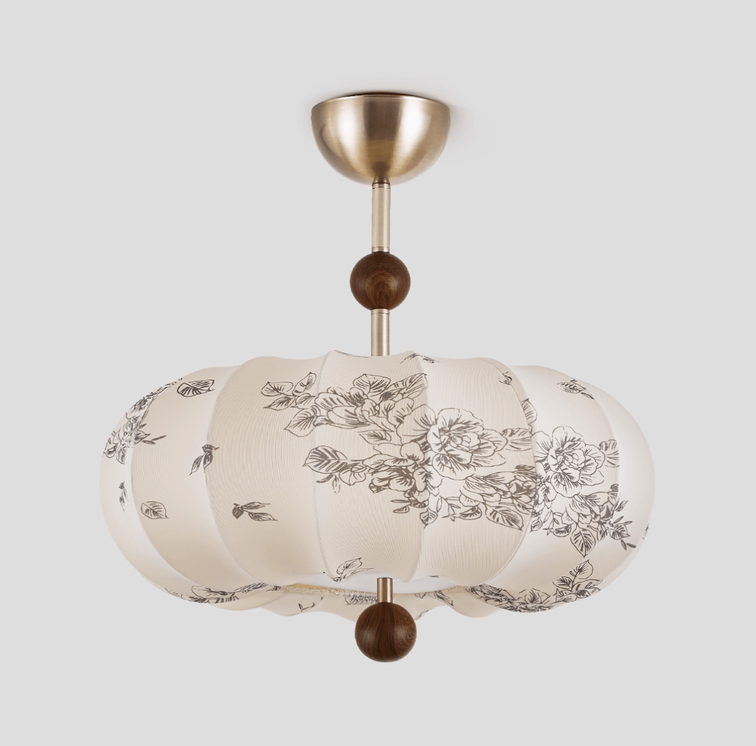 Fleur Lantern Pendant Light – Ivory Floral Shade with Walnut or Nickel Accents