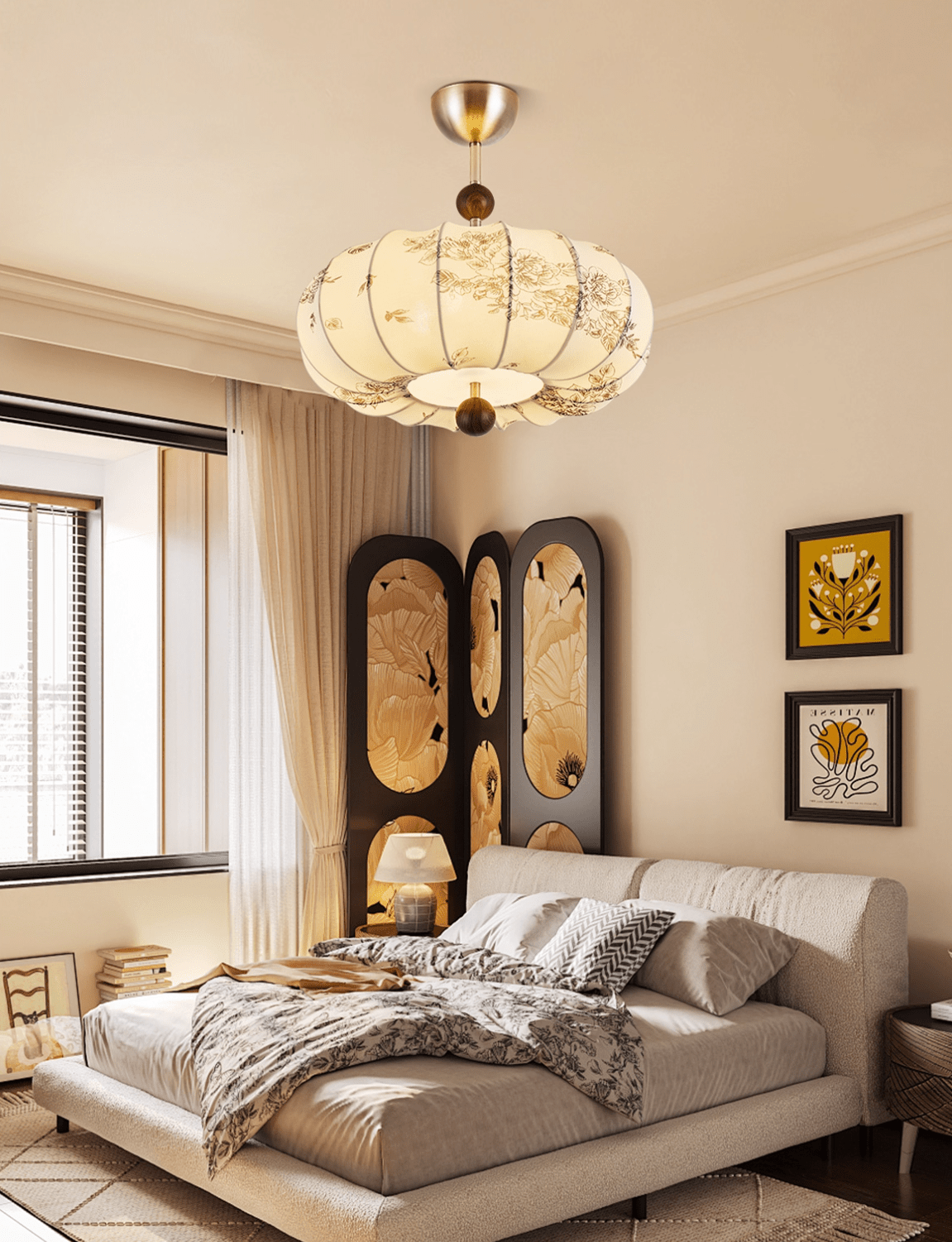 Fleur Lantern Pendant Light – Ivory Floral Shade with Walnut or Nickel Accents