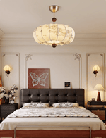 Fleur Lantern Pendant Light – Ivory Floral Shade with Walnut or Nickel Accents