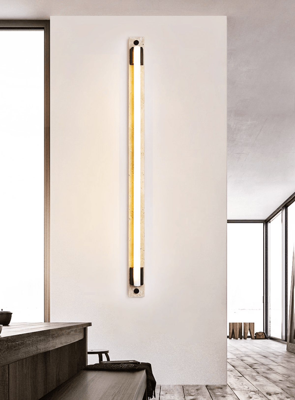 Caelum Linear LED Wall Sconce in Travertine and Bronze