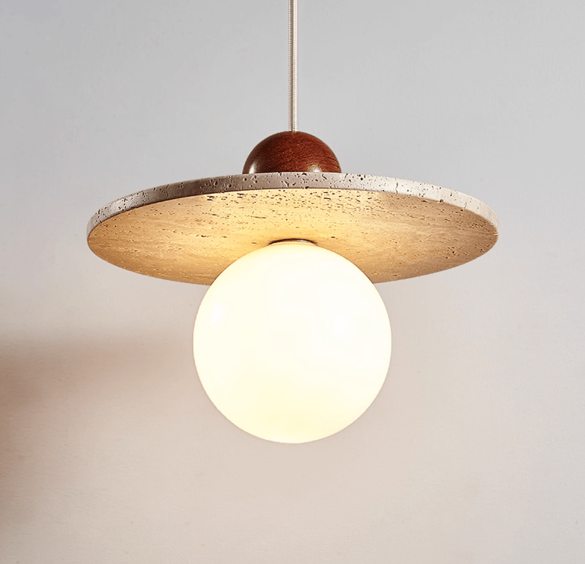 Solen Pendant Light in Travertine and Wood – Modern Designer Ceiling Lamp