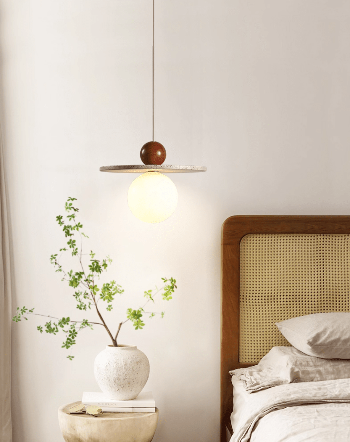 Solen Pendant Light in Travertine and Wood – Modern Designer Ceiling Lamp