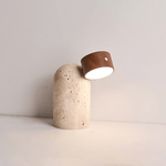 Capsule Stone Table Lamp with Travertine Base and Walnut Accent