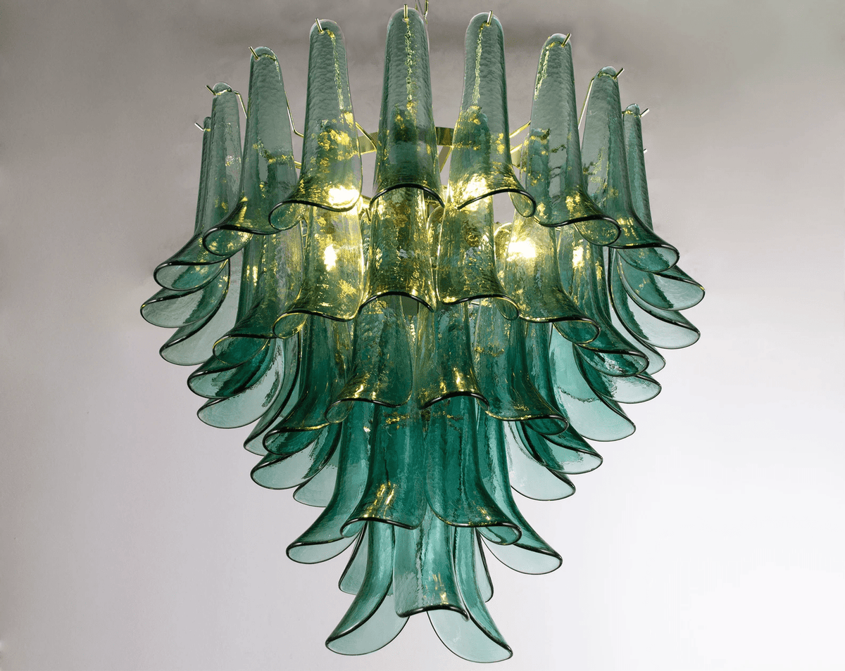 Petali Blue Glass and Brass Chandelier for Dining Room and Foyer