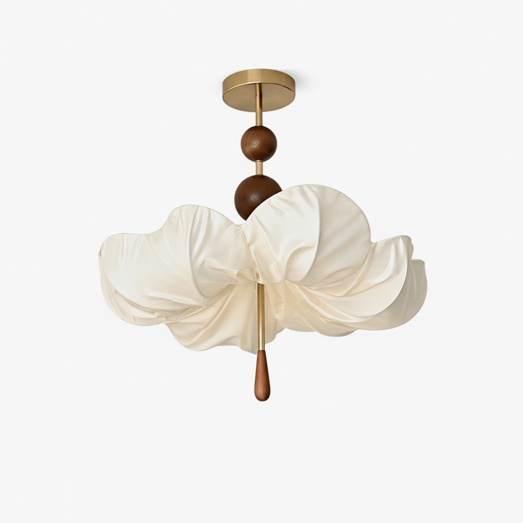 Floralis Fabric Ceiling Light in Walnut and Brass – Modern Flush Mount for Living Room and Bedroom