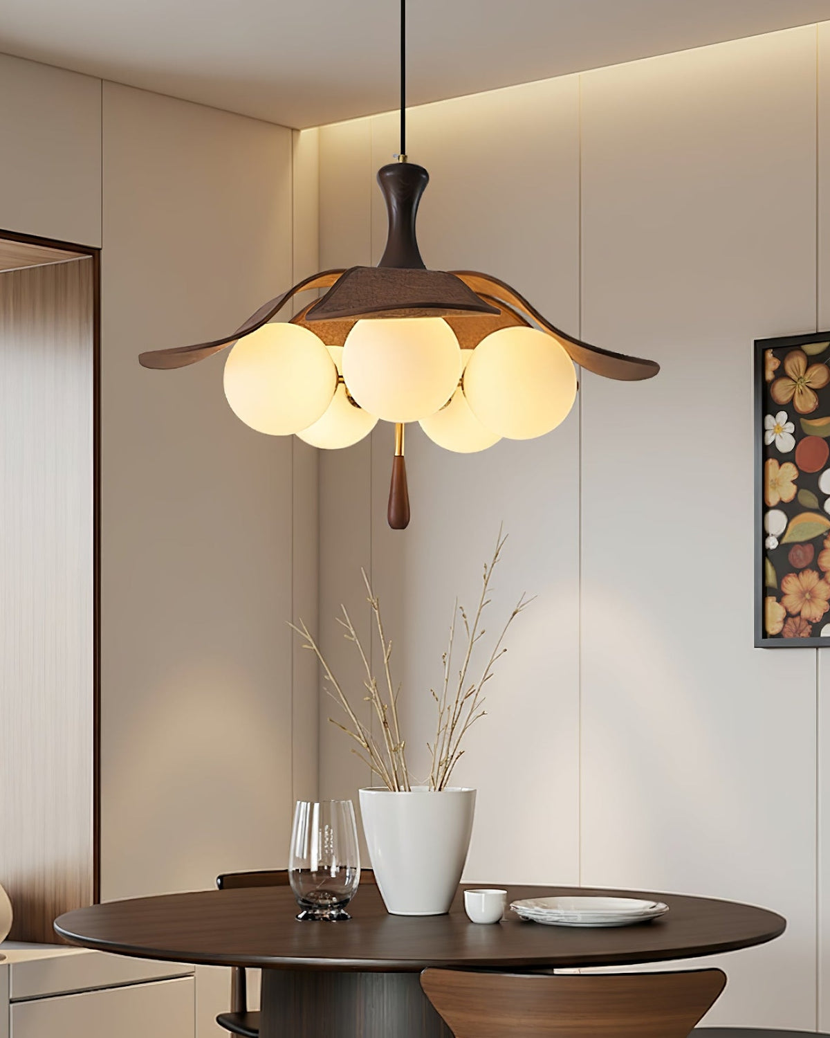 Solyntha Wooden Petal Pendant Light with Glass Orbs for Dining Room