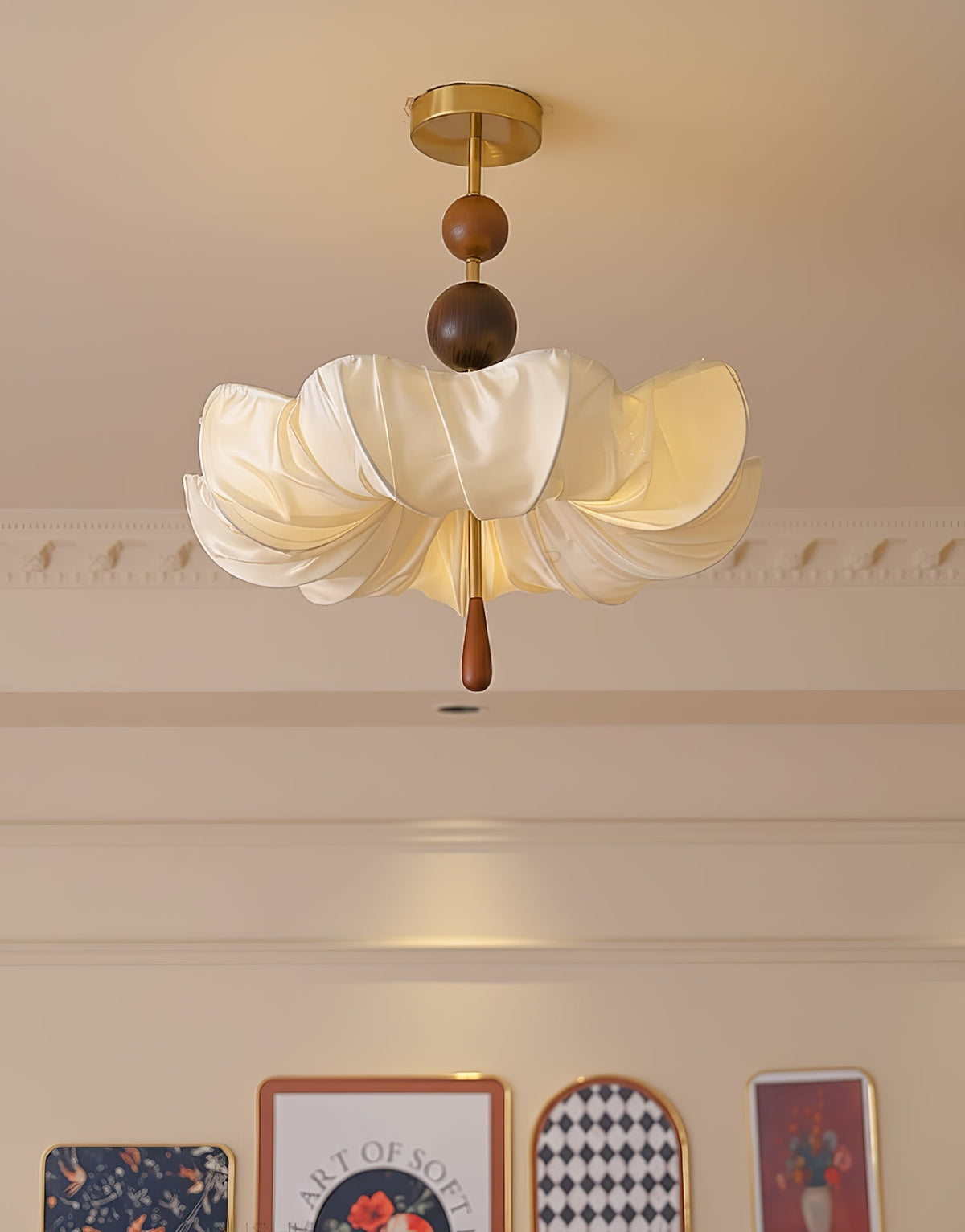 Floralis Fabric Ceiling Light in Walnut and Brass – Modern Flush Mount for Living Room and Bedroom