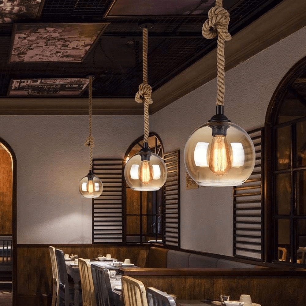 Mariner Rope Pendant Light – Hand-Twisted Hemp Rope with Amber Glass Globe