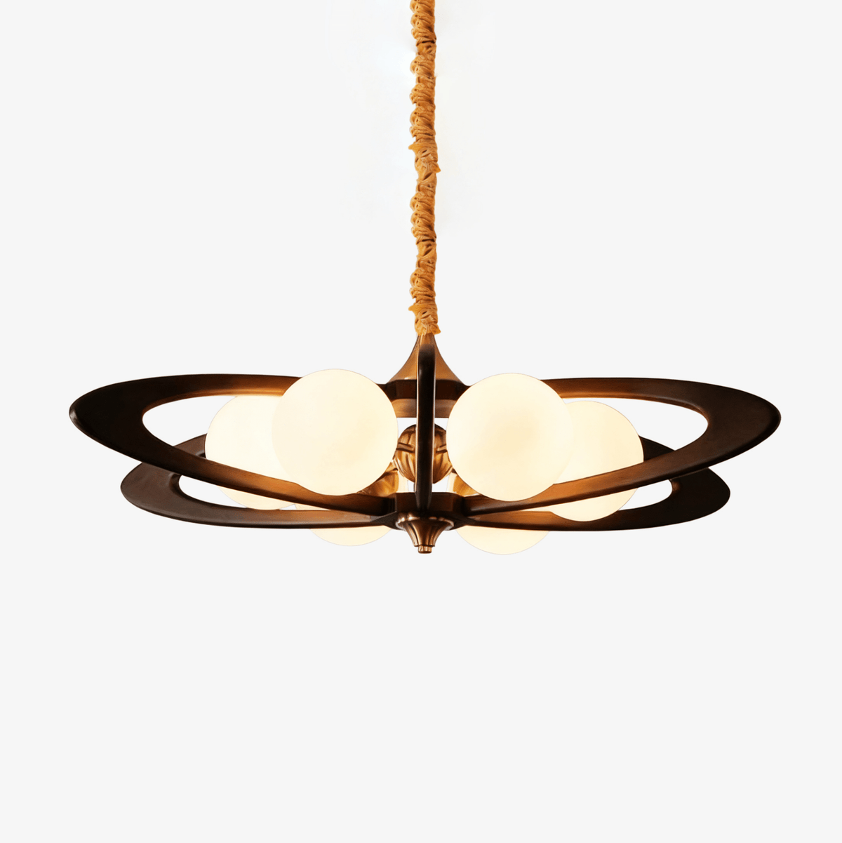 Evadra Celeste Wood & Glass Chandelier, Six-Light Halo Design