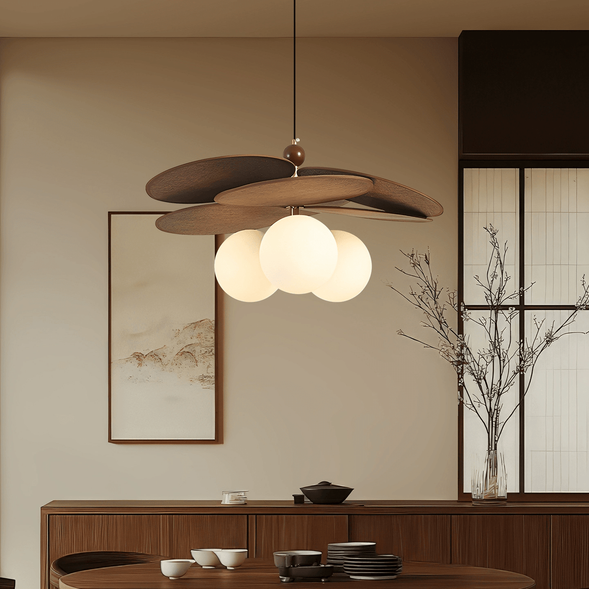 Aurelian Bloom Wooden Pendant Light with Opaline Glass Globes