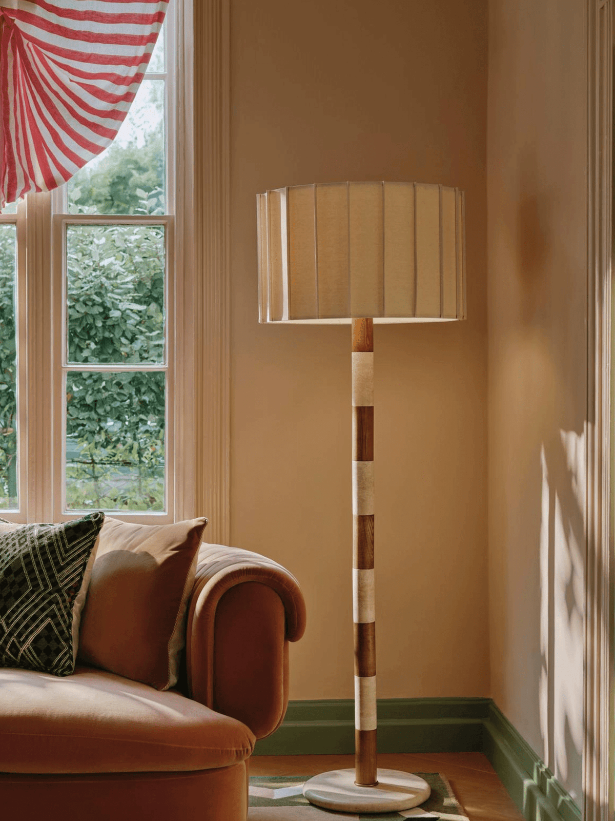 Travertine and Walnut Striped Floor Lamp with Pleated Fabric Shade