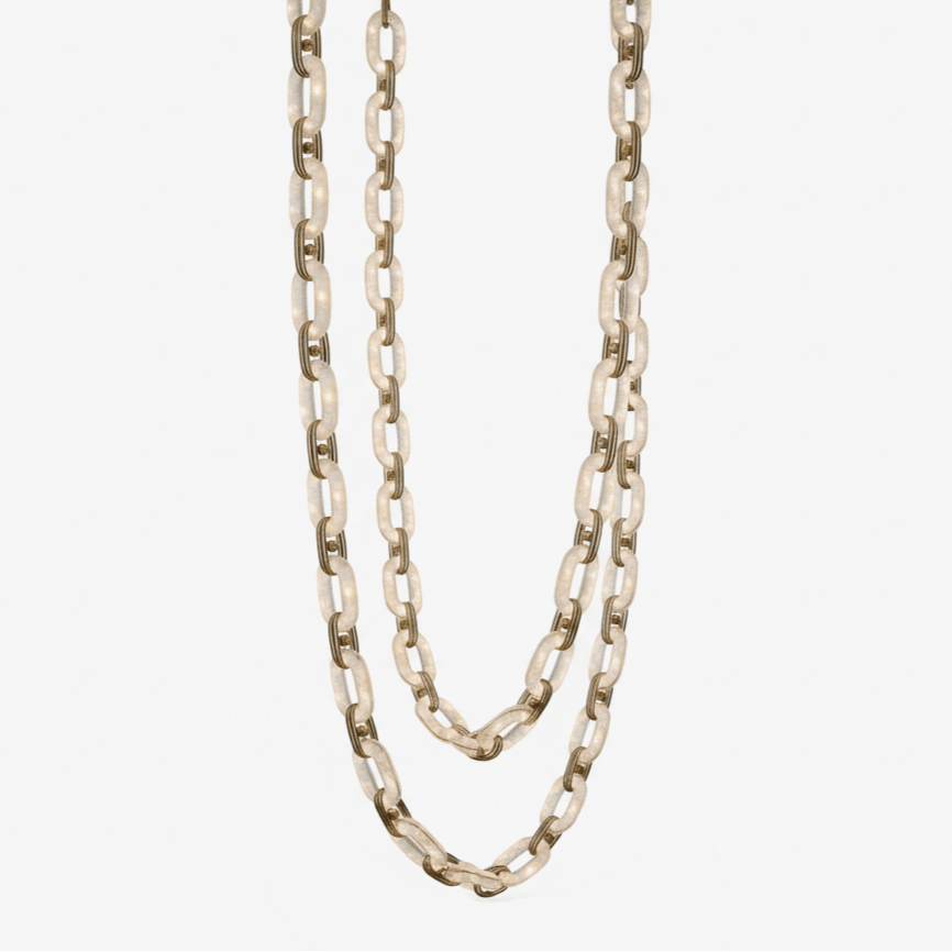 Modern Alabaster Chain Link Chandelier with Brass Accents