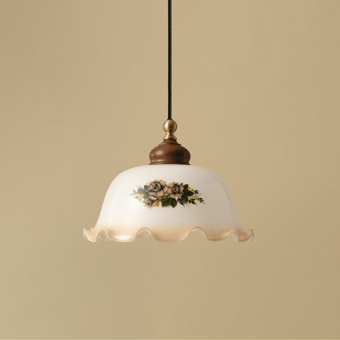 Art Deco Floral Glass Pendant Light with Walnut and Brass Accents