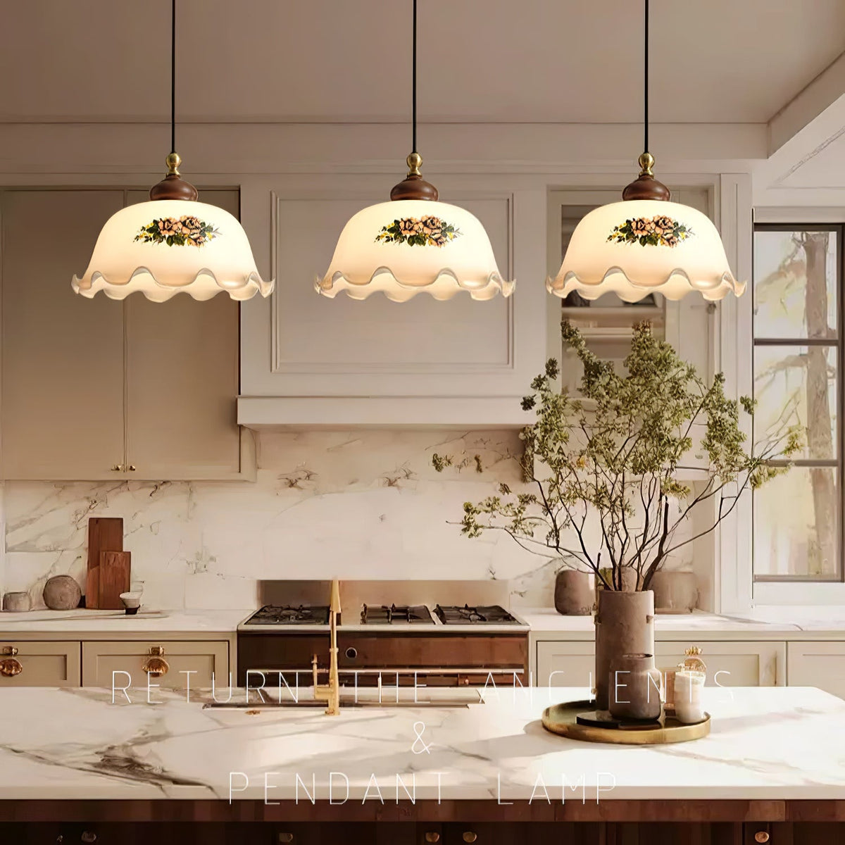 Art Deco Floral Glass Pendant Light with Walnut and Brass Accents
