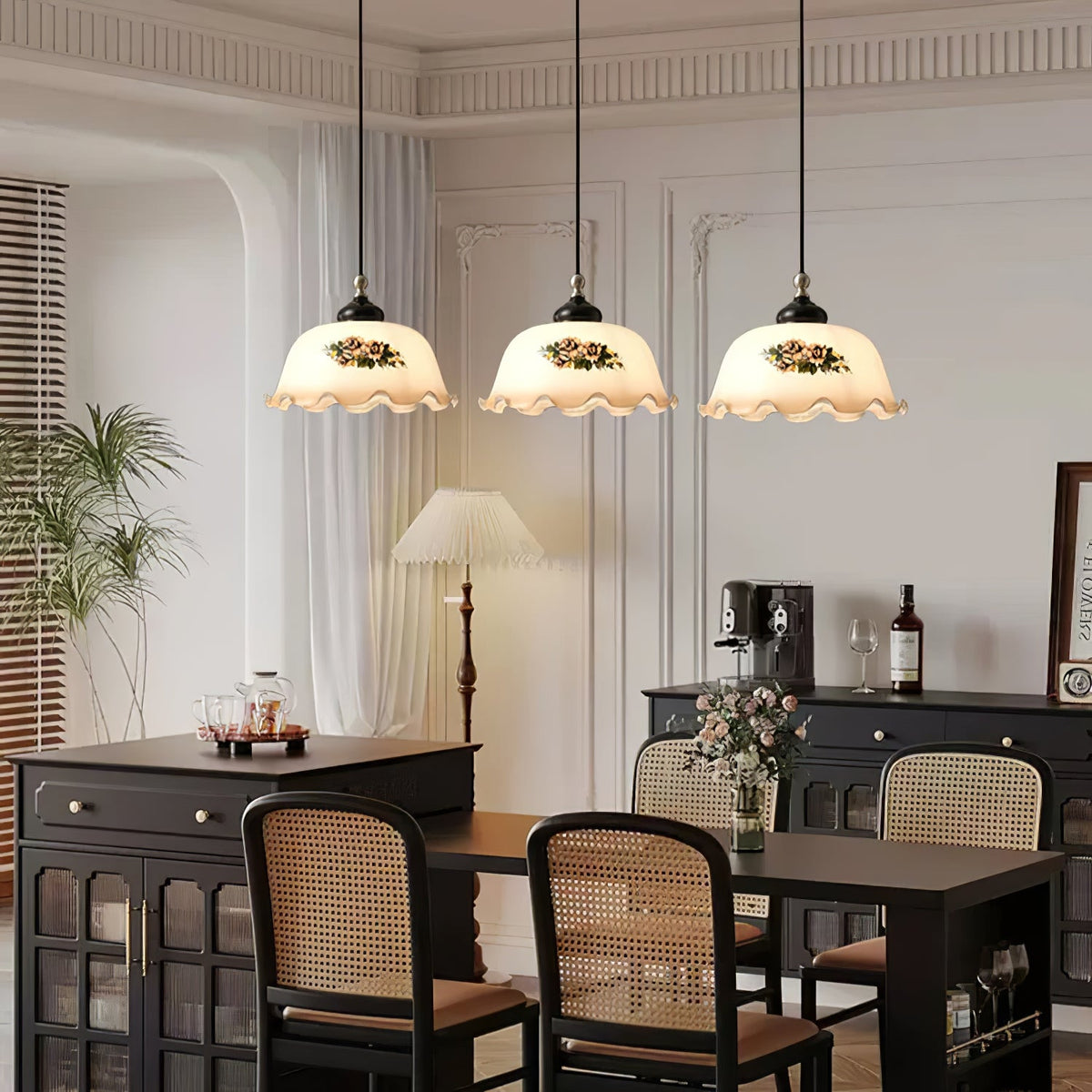 Art Deco Floral Glass Pendant Light with Walnut and Brass Accents