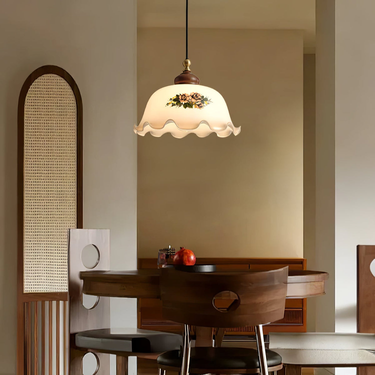 Art Deco Floral Glass Pendant Light with Walnut and Brass Accents