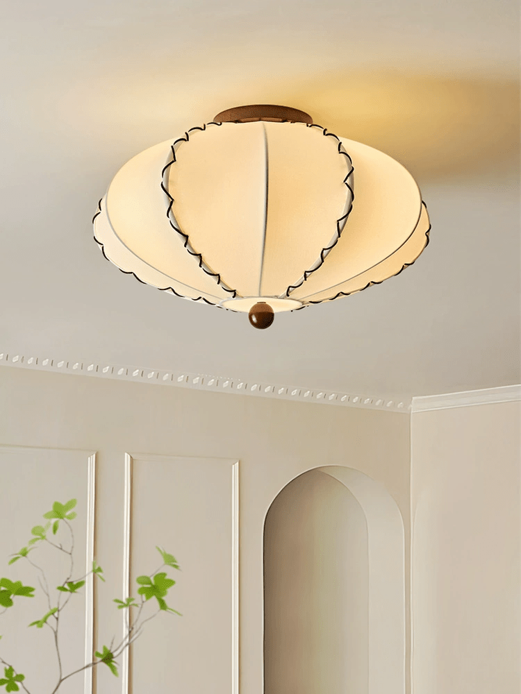 Scalloped Edge Fabric Ceiling Light with Walnut Accent