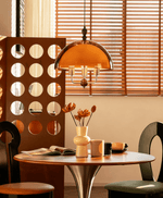 Amber Dome Pendant Light with Walnut Accents – Modern Retro Illumination