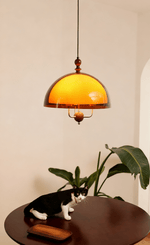 Amber Dome Pendant Light with Walnut Accents – Modern Retro Illumination