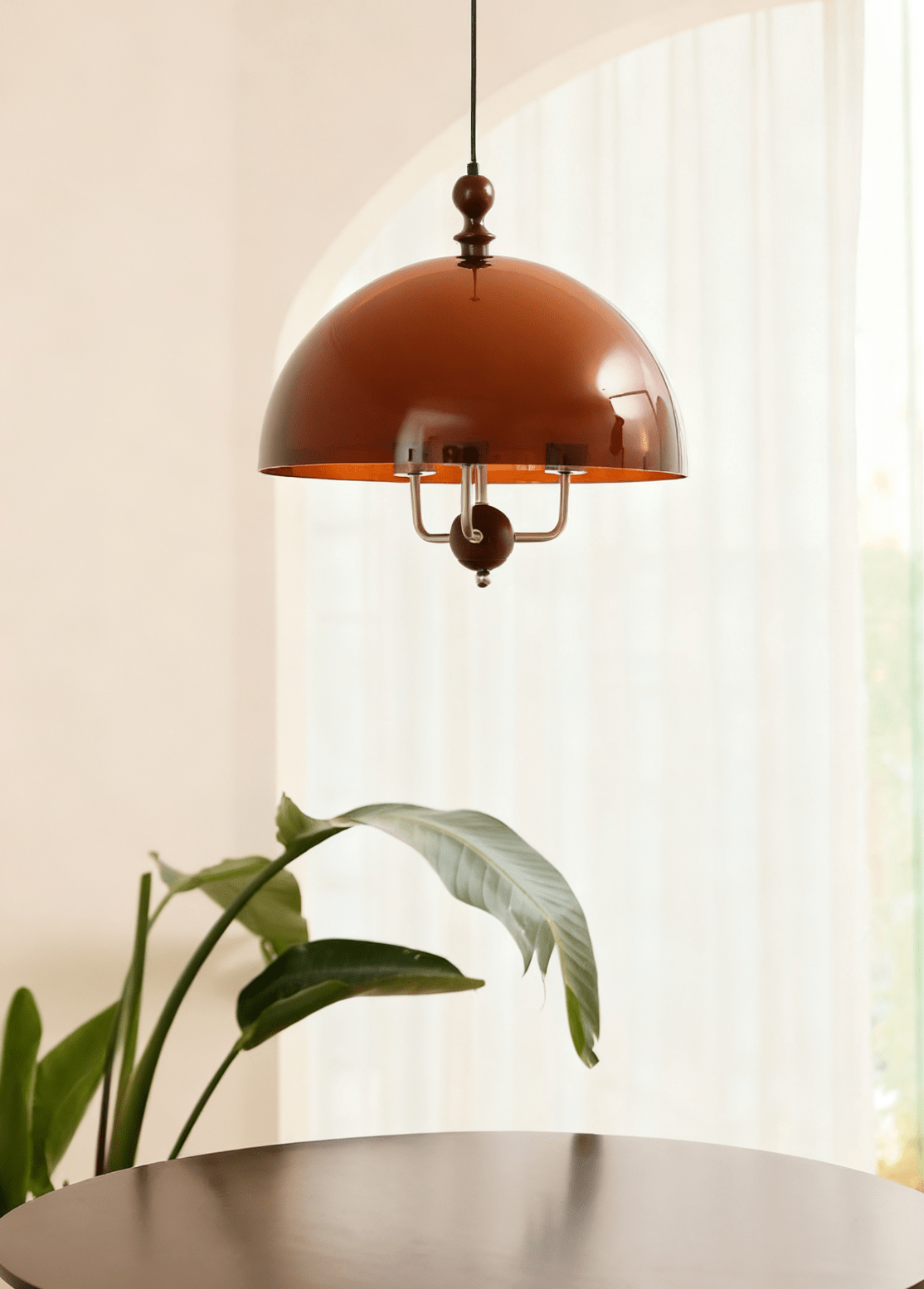 Amber Dome Pendant Light with Walnut Accents – Modern Retro Illumination