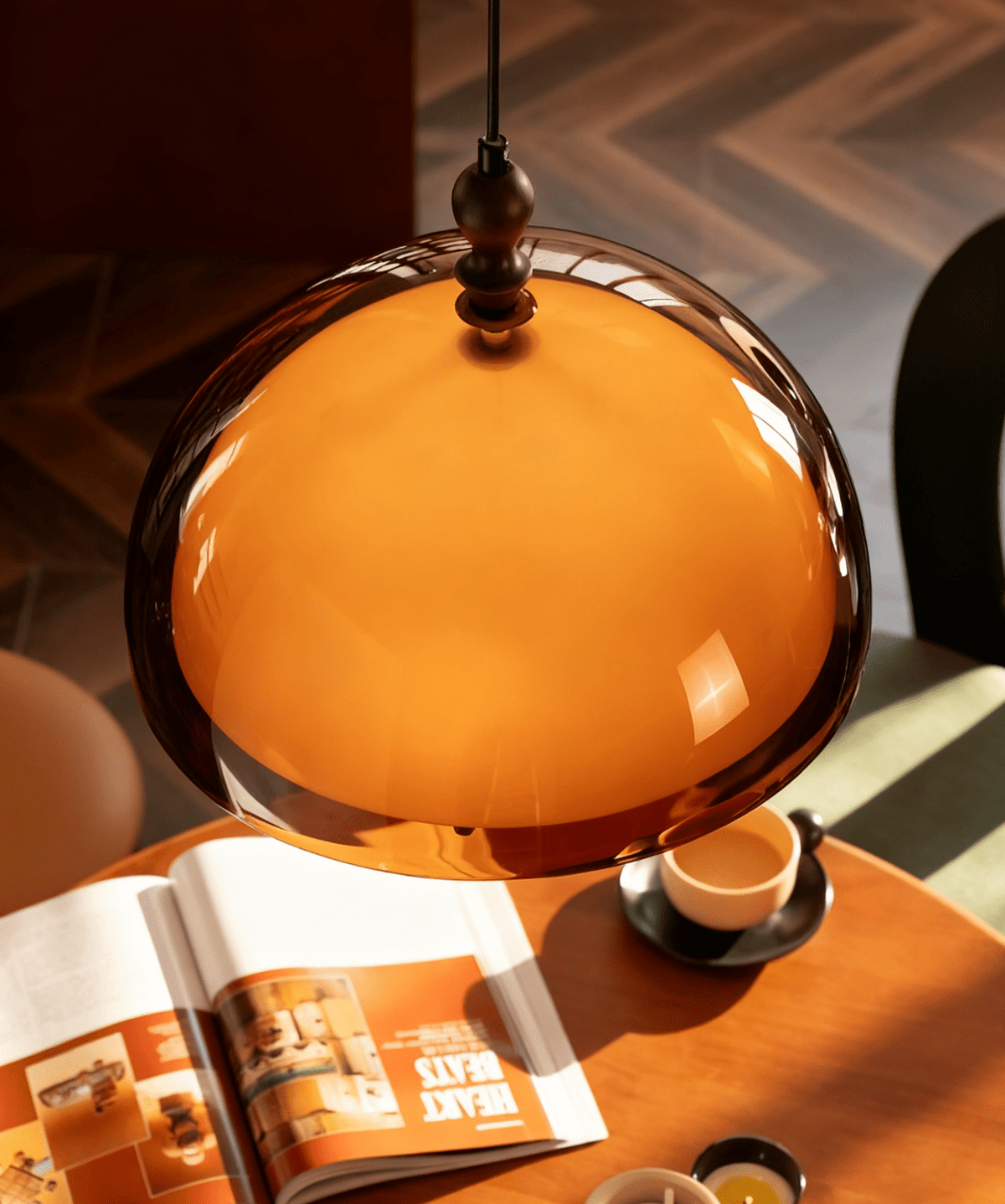 Amber Dome Pendant Light with Walnut Accents – Modern Retro Illumination