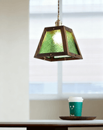 Artisan Green Glass Pendant Light with Walnut Wood Frame