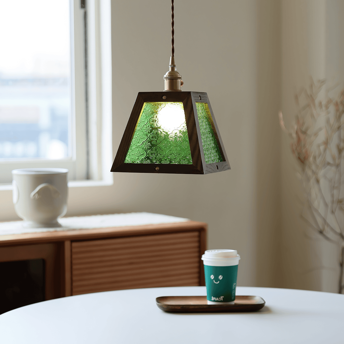 Artisan Green Glass Pendant Light with Walnut Wood Frame