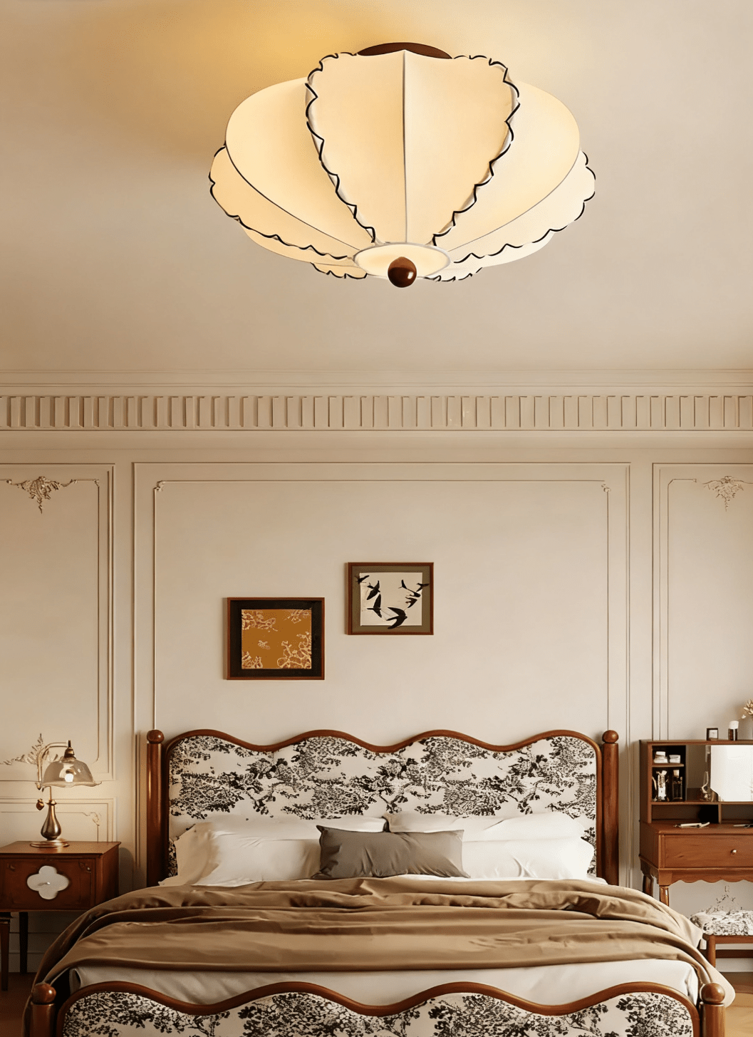 Scalloped Edge Fabric Ceiling Light with Walnut Accent