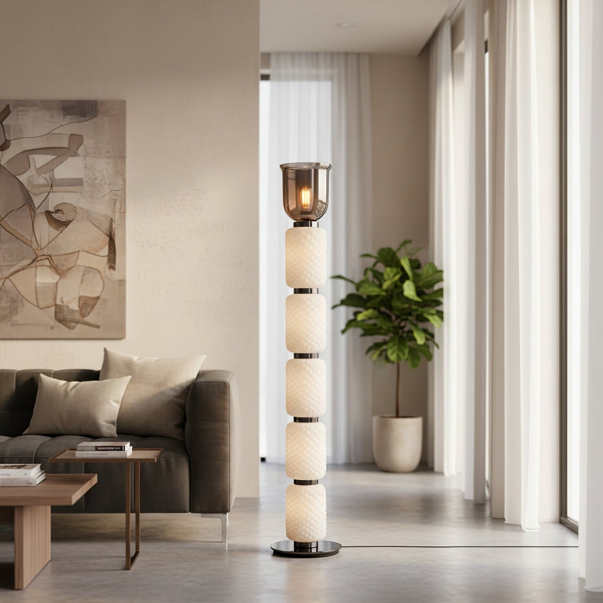 Layered Glass Floor Lamp with Textured Cream Shades