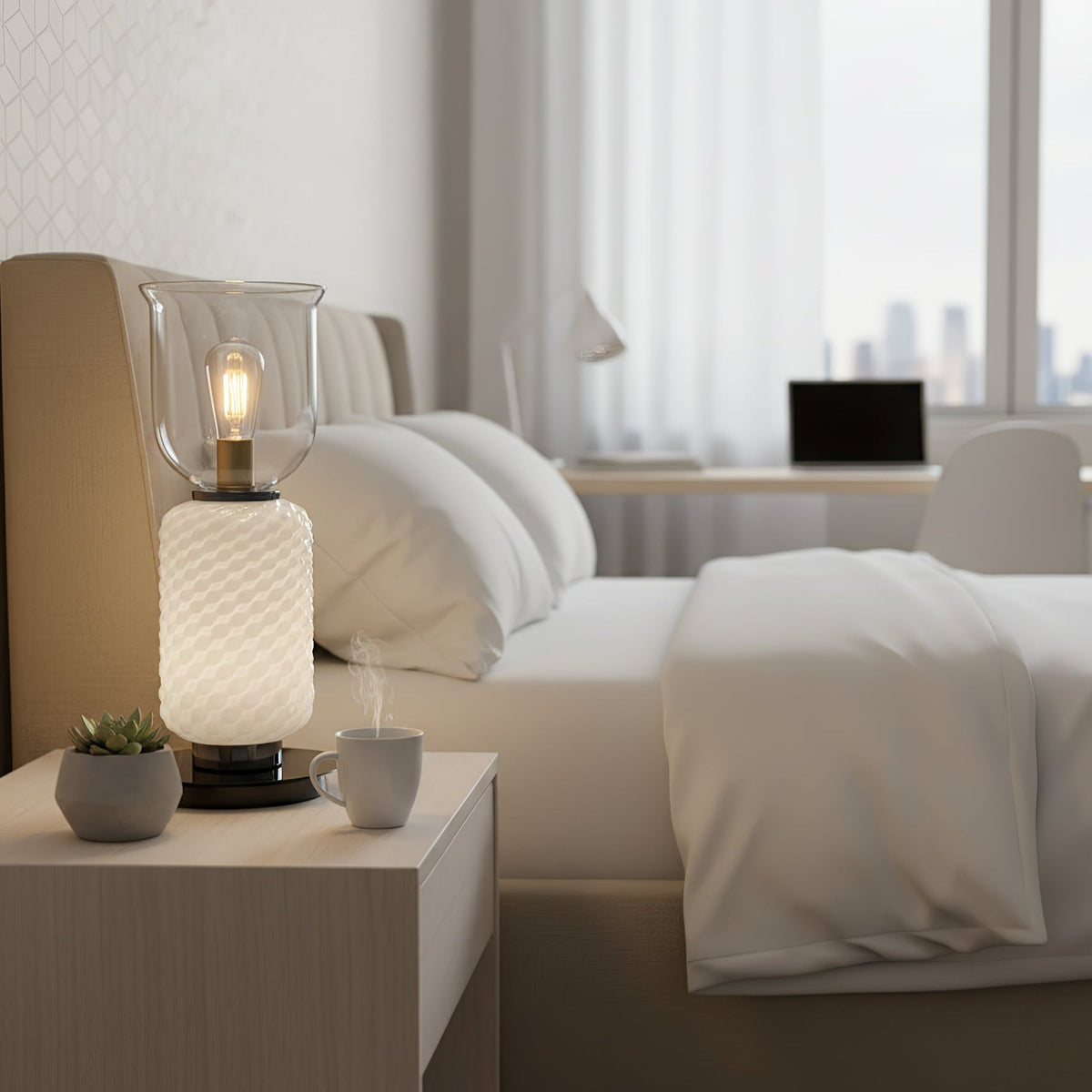 Layered Glass Table Lamp with Textured Amber Shade