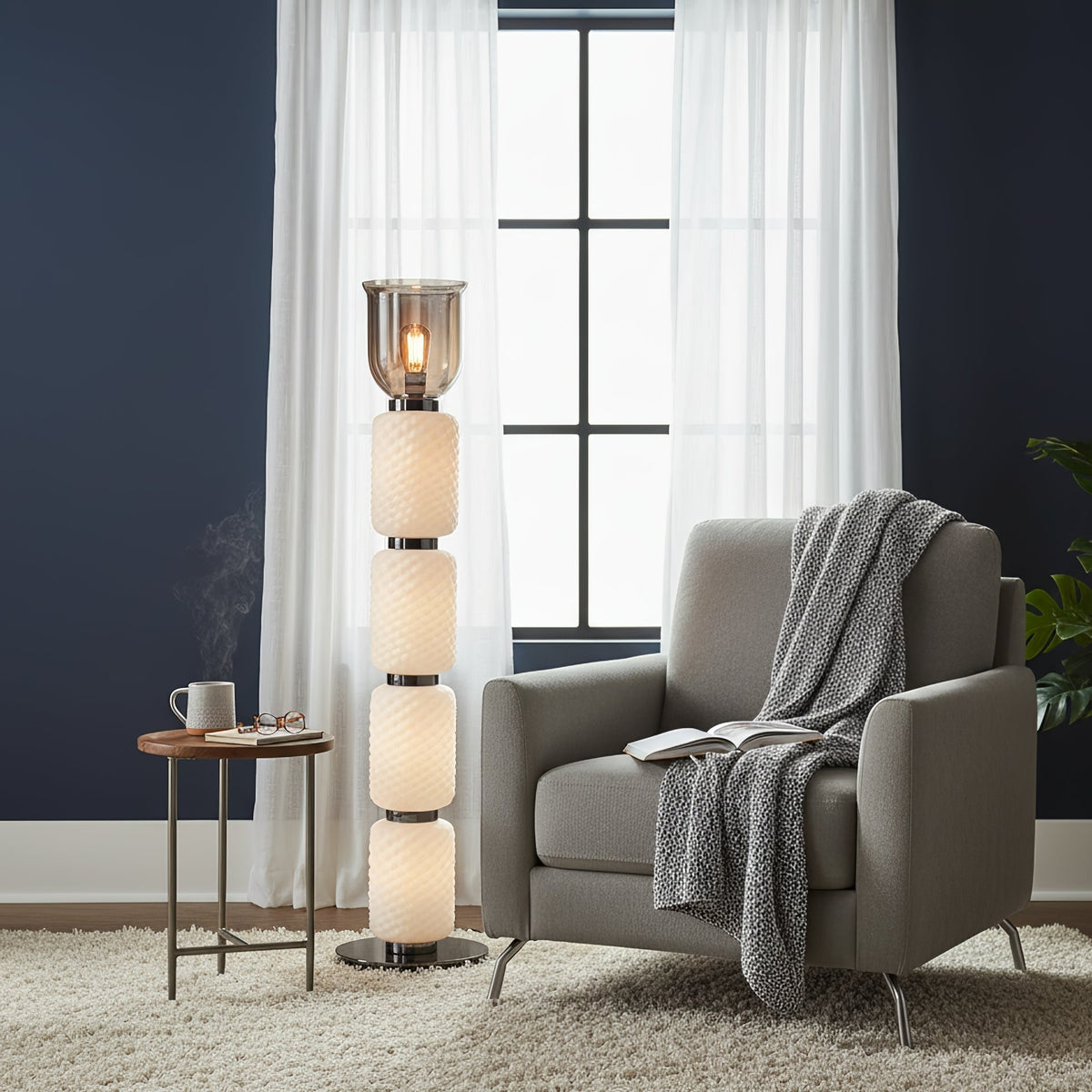 Layered Glass Floor Lamp with Textured Cream Shades