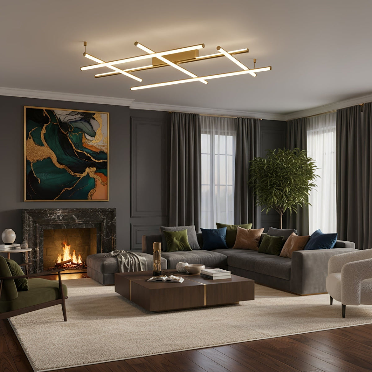 Linear Geometric LED Ceiling Light in Gold or Black for Modern Interiors