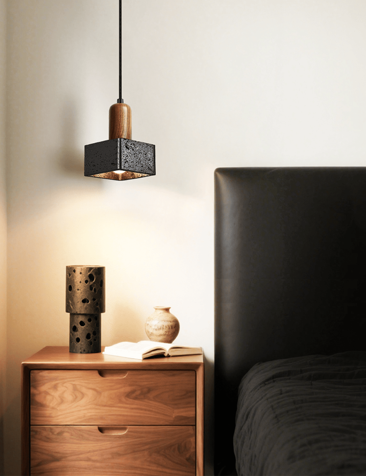 Lava Cube Pendant Light — Black Travertine & Walnut Modern Hanging Lamp