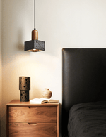 Lava Cube Pendant Light — Black Travertine & Walnut Modern Hanging Lamp