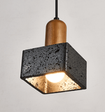 Lava Cube Pendant Light — Black Travertine & Walnut Modern Hanging Lamp